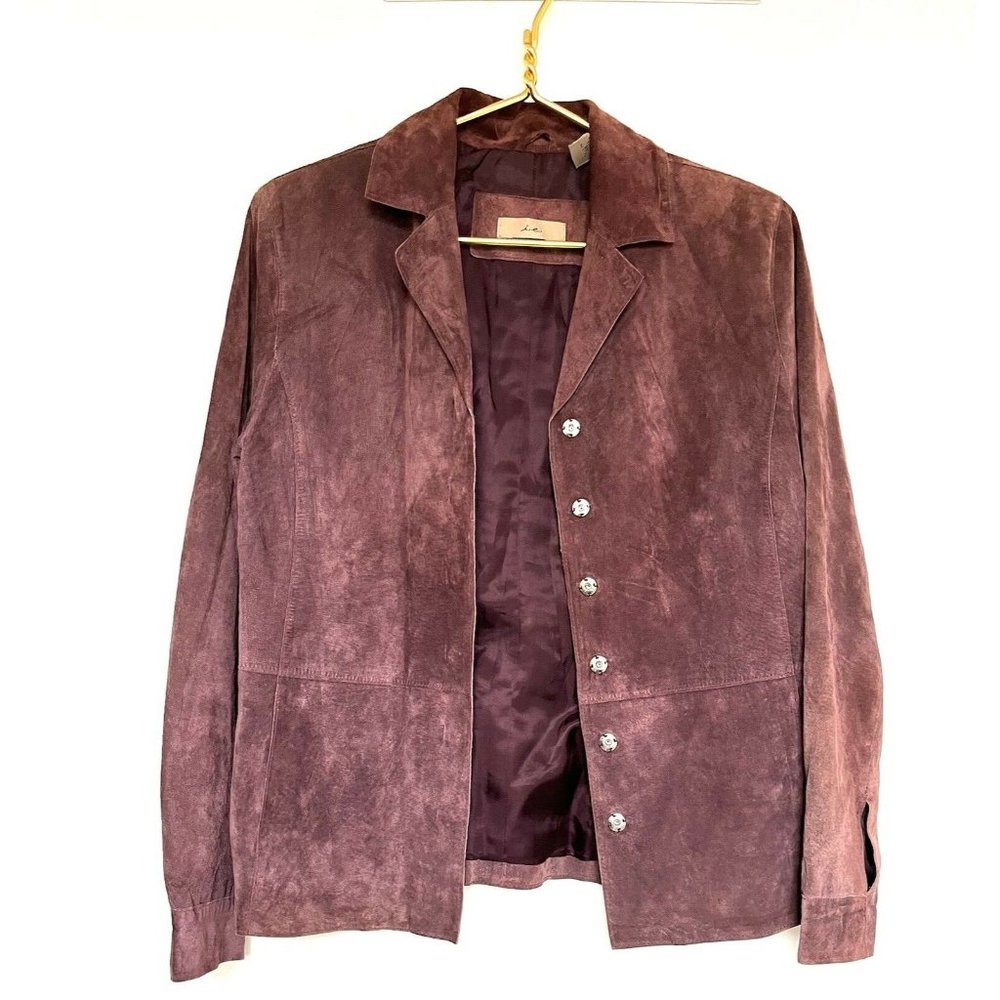 i.e. Genuine Suede Leather Jacket 10 Ox Blood Red Snap Front Lining Soft Womens